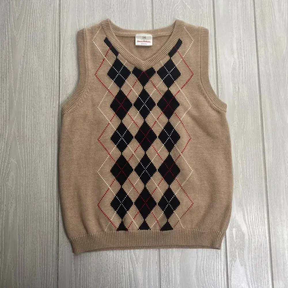 Hanna Andersson Cotton Tan Black & Red Argyle Sweater Vest US Boys Size 10